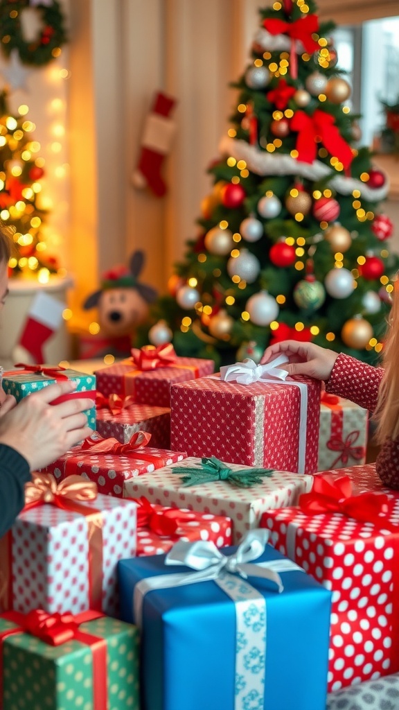 A collection of colorful wrapped gifts under a Christmas tree, ready for a gift exchange.